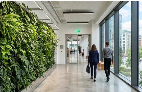 Green living wall in a modern office corridor