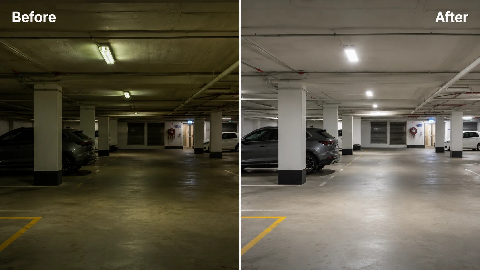 The same strata car park before and after an LED upgrade: dim, uneven fluorescent lighting on the left, bright and even LED lighting on the right