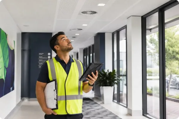 Auditor in hi-vis inspecting emergency lighting in a commercial building