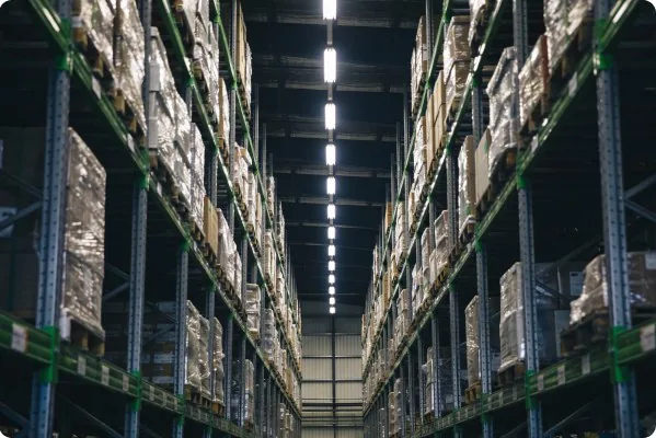 High-bay warehouse racking with LED lighting