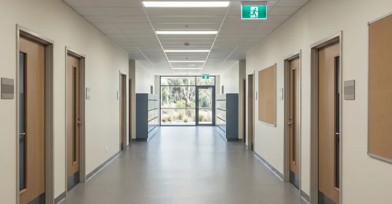 School corridor with an exit sign at the end