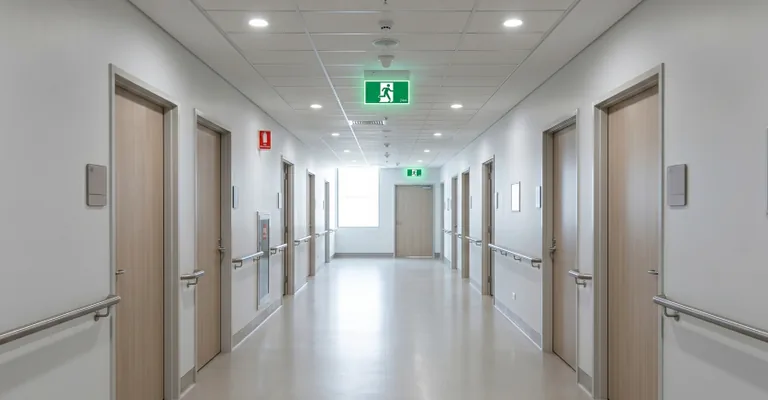Hospital corridor with exit signs above the doors
