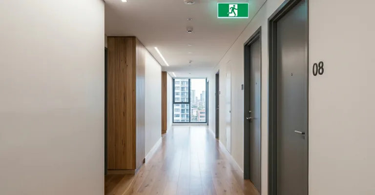 Apartment building common corridor with an exit sign