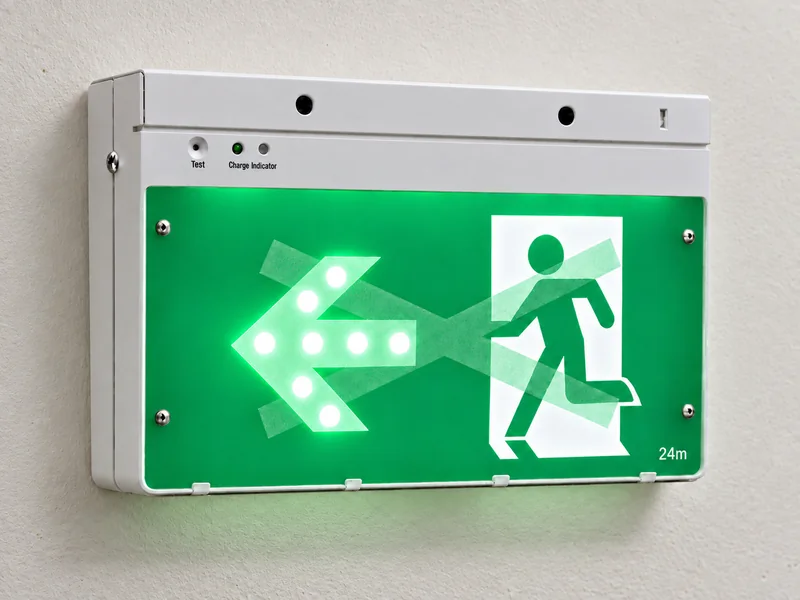 Dynamic exit sign with its guidance arrow lit