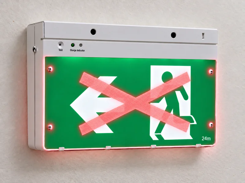 Dynamic exit sign showing a red cross over the running man