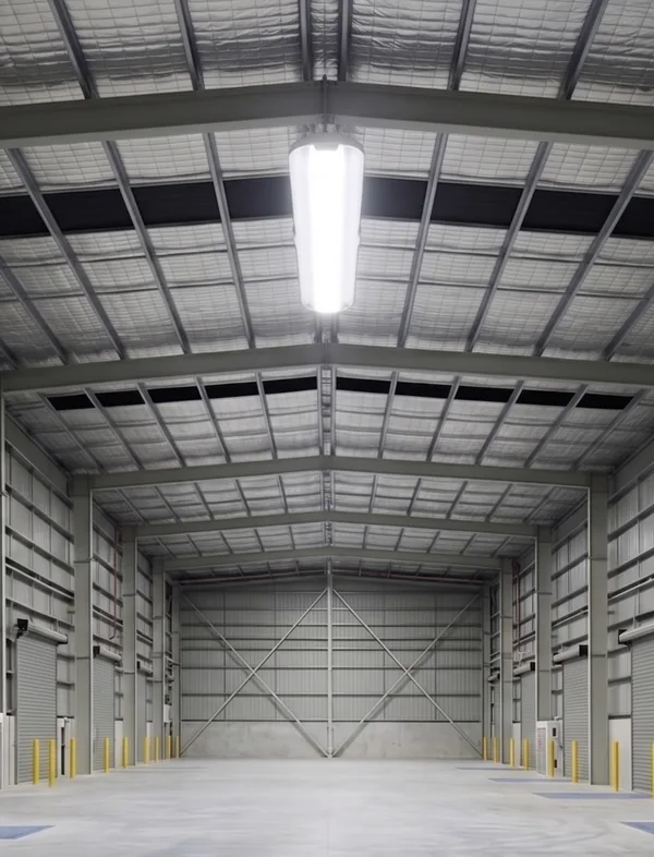 Warehouse bay lit by a single high-powered emergency batten