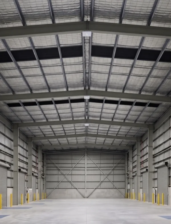 Warehouse bay lit by three standard emergency battens