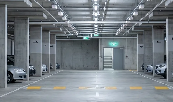 Brightly lit multi-level car park with exit signage