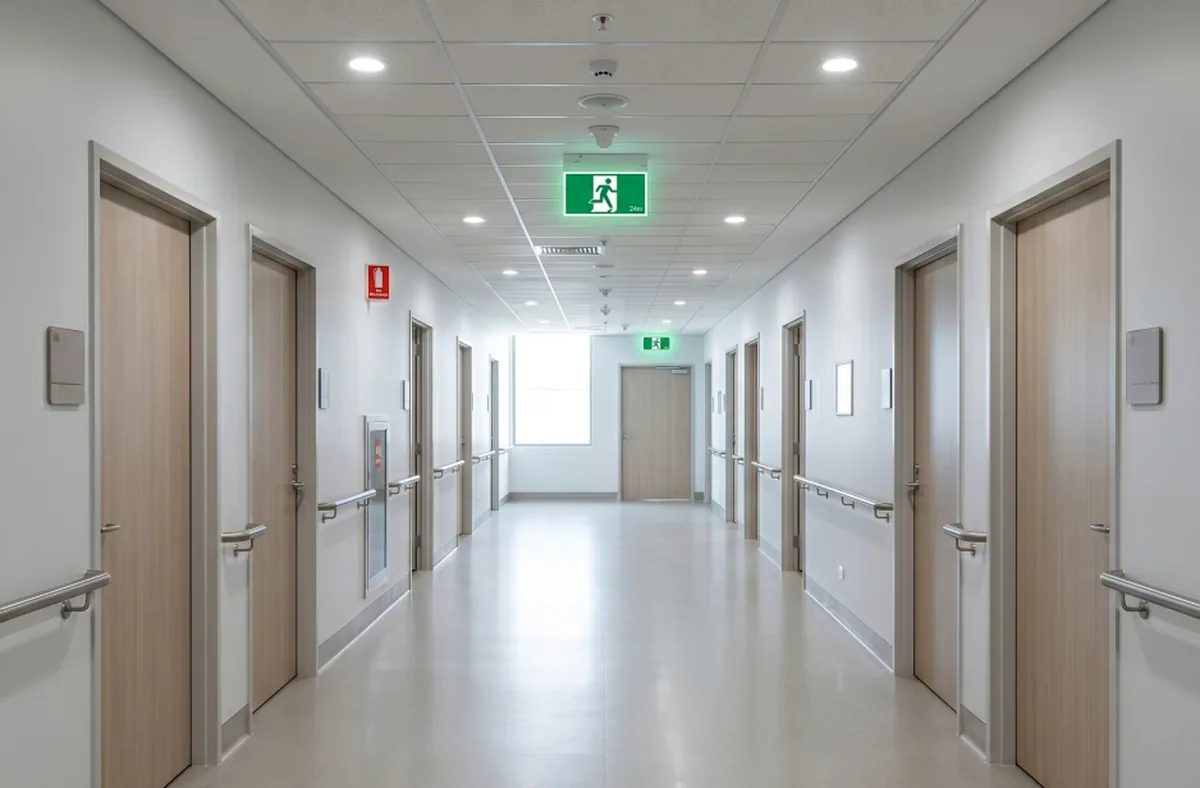 Exit and emergency lighting along a healthcare corridor