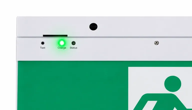 Exit sign indicator panel, yellow LED flashing slowly while a self-test runs
