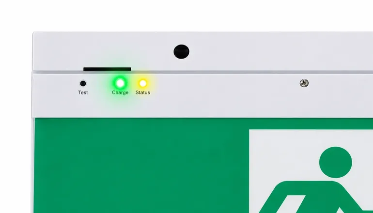 Exit sign indicator panel, yellow LED flashing to show the last self-test passed