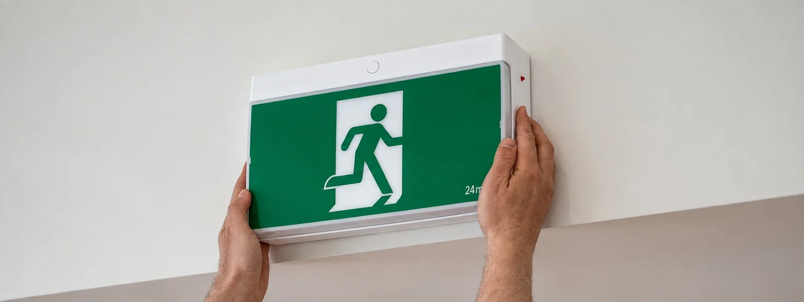 Installer fitting a wall-mounted LED exit sign